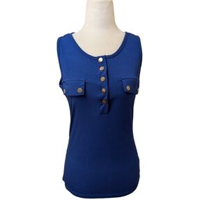 Unbranded Blue Stretchy Henley Top Women's Medium Gold Snaps Faux Front Pockets